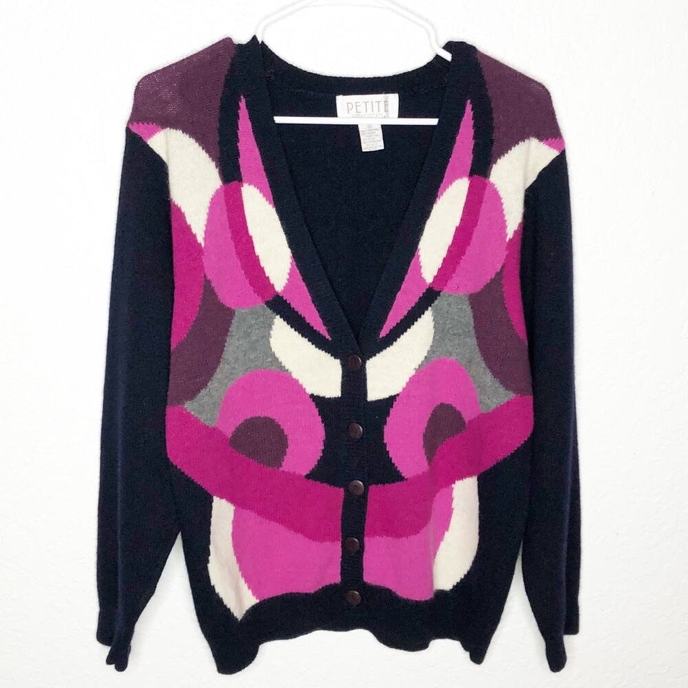 Vintage Petite Sophisticate navy pink purple v neck wool cardigan size Medium